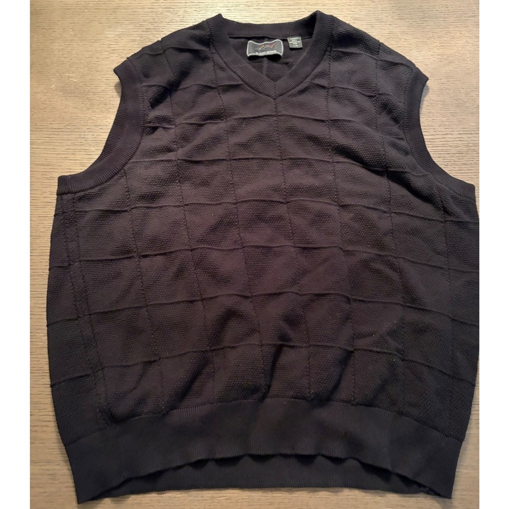 Greg Norman Mens V-Neck Sweater Vest Textured Grid Knit Cotton Black Large